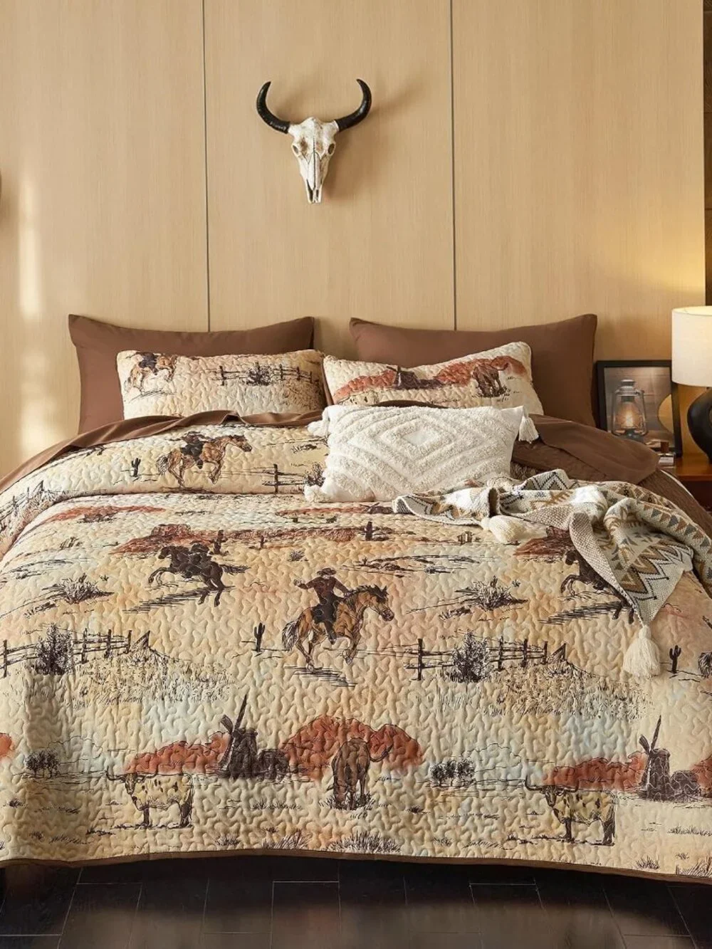 Southwestern Cowboy Quilt Set Rustic Ochre Brown Bedspread